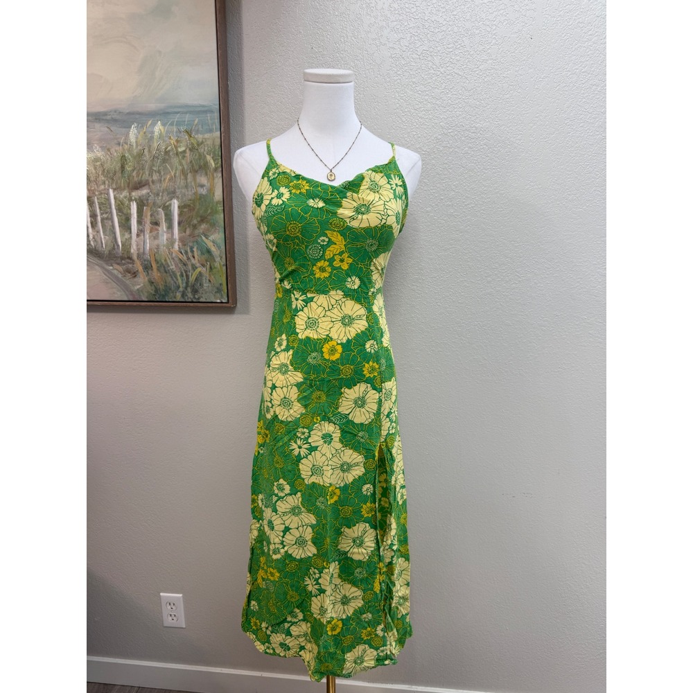 XIX Palms Honolulu Hawaii Green Floral Cross Back Midi Dress Rayon XS